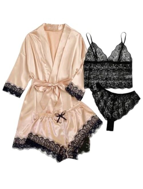 WDIRARA Women's 4 Pieces Satin Floral Lace Cami Top Lingerie Pajama Set with Robe