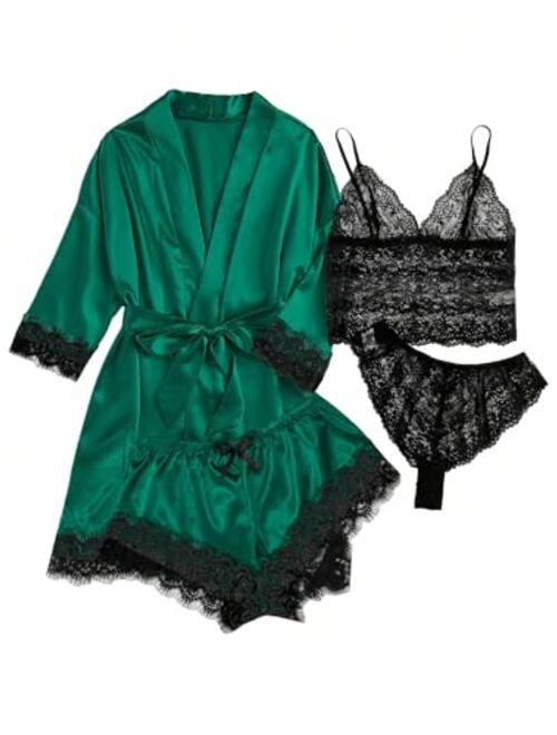 WDIRARA Women's 4 Pieces Satin Floral Lace Cami Top Lingerie Pajama Set with Robe