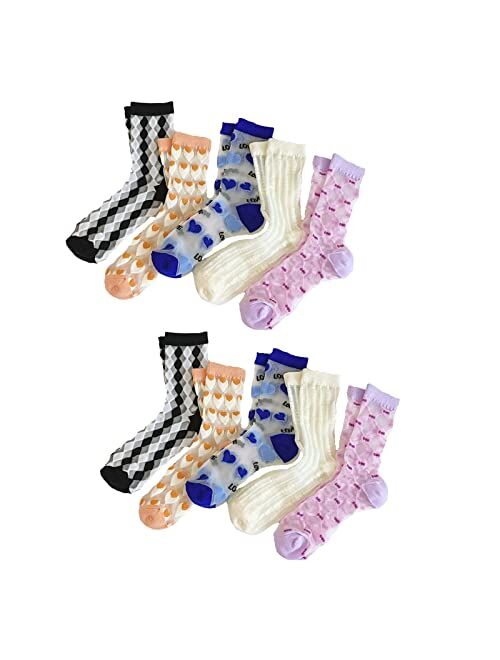 kitgaga Crystal Tulle Summer Socks Womens Sheer Mid Tube socks Transparent Thin Mesh Lace Elastic Jacquard Glass Socks