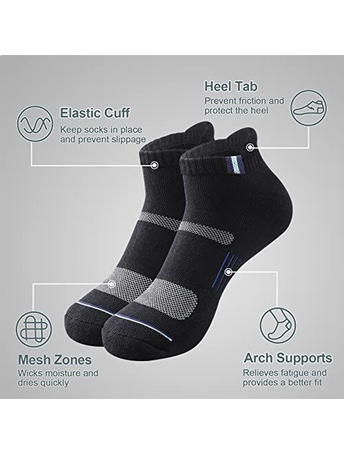 Yeblues 6 Pack Ankle Socks for Men - Athletic Cushioned Low Cut Tab Breathable Socks With Arch Support for Running Hiking Cycling (One size fits 6-12)