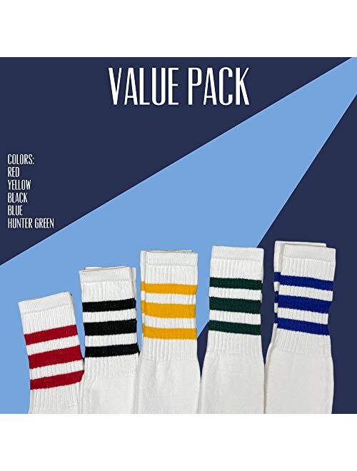 SuNi Apparel Striped Tube Socks Men - White Over The Calf Tube Socks Women - Athletic Retro Triple Stripe Knee High Sock