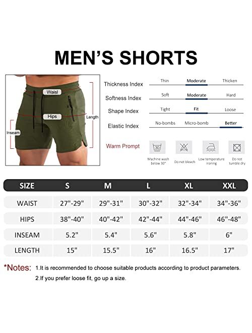 BUXKR Mens Workout Shorts 5 Inch Inseem Quick Dry Gym Shorts for Men Athletic Running Shorts with Zipper Pockets