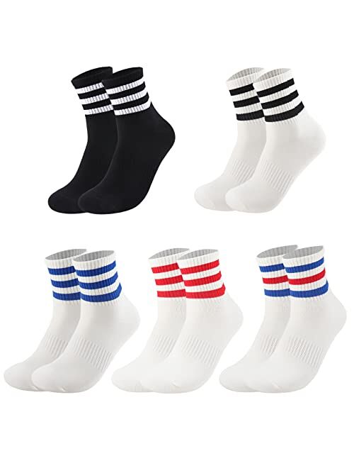 Ultrafun 5 Pairs Unisex Stripe Crew Socks Cotton Breathable Athletic Sports Gym School Casual Quarter Ankle Socks for Men Women