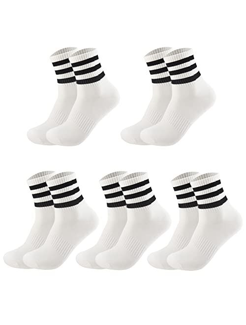 Ultrafun 5 Pairs Unisex Stripe Crew Socks Cotton Breathable Athletic Sports Gym School Casual Quarter Ankle Socks for Men Women