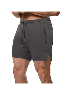 GANSANRO Mens 5” Inch Inseem Bodybuilding Workout Shorts, Gym Athletic Running Shorts for Men with Zipper Pockets