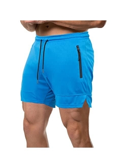 GANSANRO Mens 5” Inch Inseem Bodybuilding Workout Shorts, Gym Athletic Running Shorts for Men with Zipper Pockets