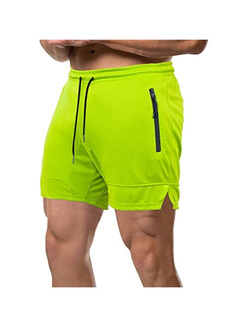 GANSANRO Mens 5” Inch Inseem Bodybuilding Workout Shorts, Gym Athletic Running Shorts for Men with Zipper Pockets