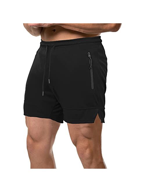 GANSANRO Mens 5” Inch Inseem Bodybuilding Workout Shorts, Gym Athletic Running Shorts for Men with Zipper Pockets