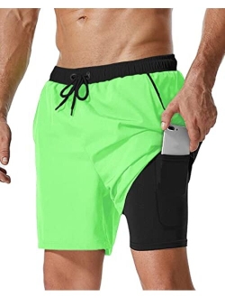 SILKWORLD Mens Swim Trunks with Compression Liner 2 in 1 Quick Dry Bathing Suit Beach Shorts with Zipper Pockets