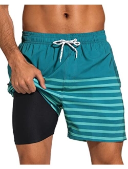 SILKWORLD Mens Swim Trunks with Compression Liner 2 in 1 Quick Dry Bathing Suit Beach Shorts with Zipper Pockets