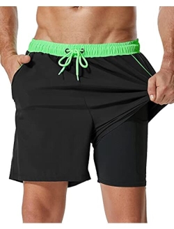 SILKWORLD Mens Swim Trunks with Compression Liner 2 in 1 Quick Dry Bathing Suit Beach Shorts with Zipper Pockets