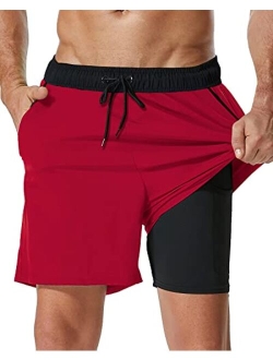 SILKWORLD Mens Swim Trunks with Compression Liner 2 in 1 Quick Dry Bathing Suit Beach Shorts with Zipper Pockets