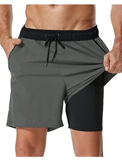 SILKWORLD Mens Swim Trunks with Compression Liner 2 in 1 Quick Dry Bathing Suit Beach Shorts with Zipper Pockets