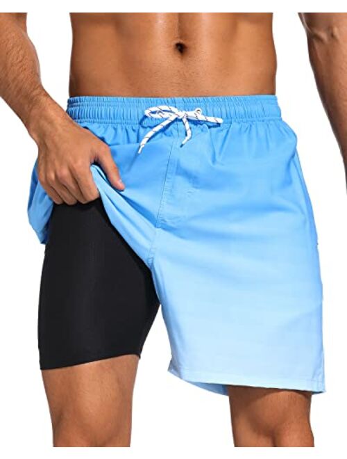 SILKWORLD Mens Swim Trunks with Compression Liner 2 in 1 Quick Dry Bathing Suit Beach Shorts with Zipper Pockets