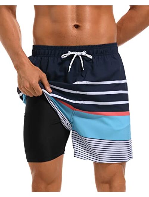 SILKWORLD Mens Swim Trunks with Compression Liner 2 in 1 Quick Dry Bathing Suit Beach Shorts with Zipper Pockets