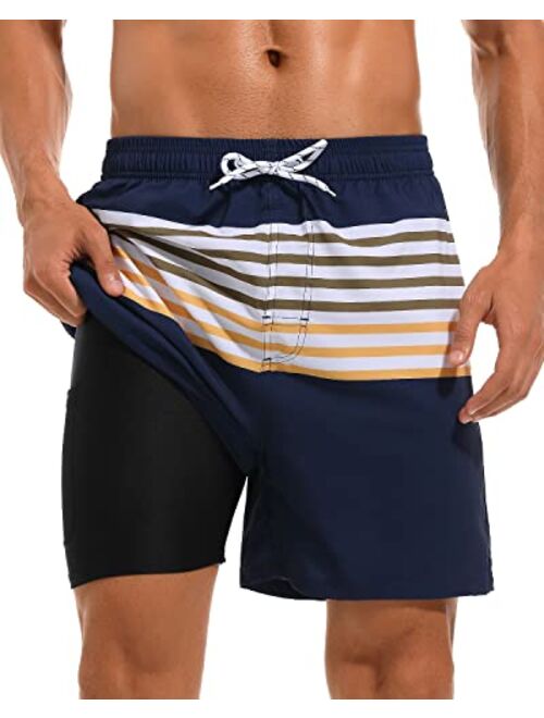 SILKWORLD Mens Swim Trunks with Compression Liner 2 in 1 Quick Dry Bathing Suit Beach Shorts with Zipper Pockets