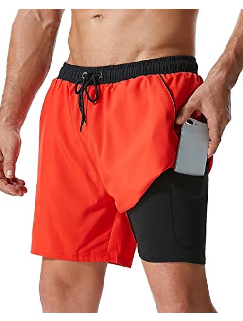 SILKWORLD Mens Swim Trunks with Compression Liner 2 in 1 Quick Dry Bathing Suit Beach Shorts with Zipper Pockets
