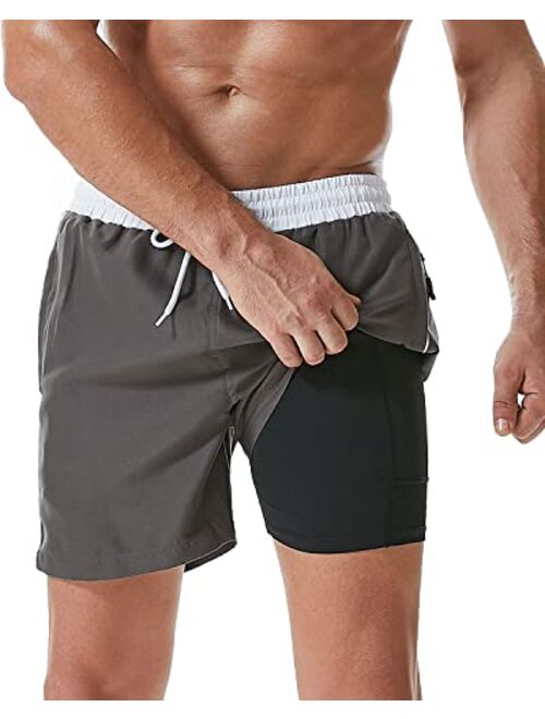 difficort Mens Swimming Trunks with Compression Liner Quick Dry Bathing Suit Swim Shorts with Zipper Pockets