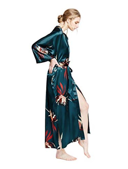 Oldshanghai Women's Satin Kimono Robe Long - Floral