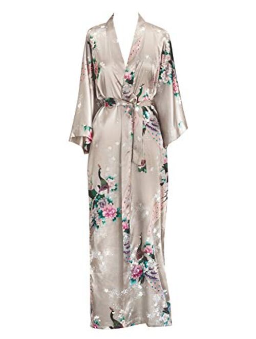 Oldshanghai Women's Satin Kimono Robe Long - Floral