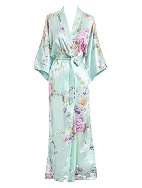 Oldshanghai Women's Satin Kimono Robe Long - Floral