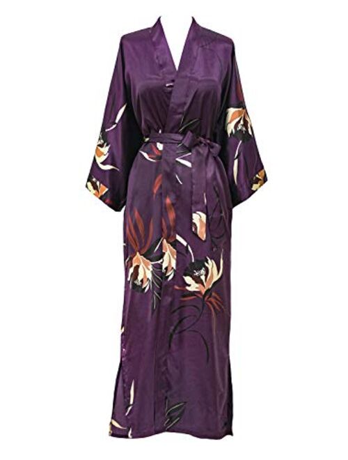 Oldshanghai Women's Satin Kimono Robe Long - Floral