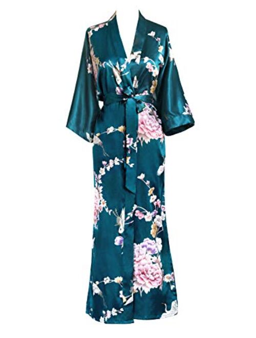 Oldshanghai Women's Satin Kimono Robe Long - Floral