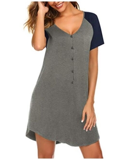 Womens Sleepwear Short Sleeve Nightgown Button Down Pajamas for Women Nightshirt S-XXL