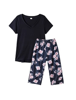 YIJIU Women's Short Sleeve Tops and Capri Pants Cute Cartoon Print Pajama Sets