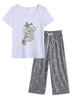 YIJIU Women's Short Sleeve Tops and Capri Pants Cute Cartoon Print Pajama Sets