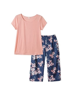 YIJIU Women's Short Sleeve Tops and Capri Pants Cute Cartoon Print Pajama Sets