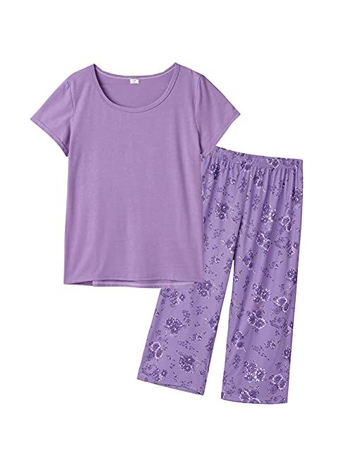 YIJIU Women's Short Sleeve Tops and Capri Pants Cute Cartoon Print Pajama Sets