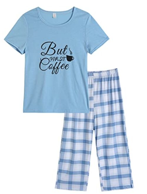 YIJIU Women's Short Sleeve Tops and Capri Pants Cute Cartoon Print Pajama Sets