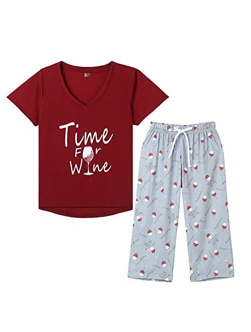 YIJIU Women's Short Sleeve Tops and Capri Pants Cute Cartoon Print Pajama Sets