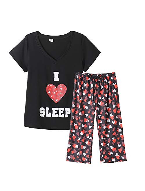 YIJIU Women's Short Sleeve Tops and Capri Pants Cute Cartoon Print Pajama Sets