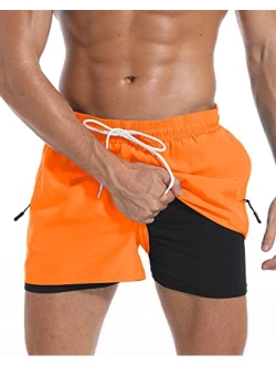 difficort Men's Swim Trunks with Compression Liner Quick Dry Bathing Suit Board Shorts with Zipper Pockets