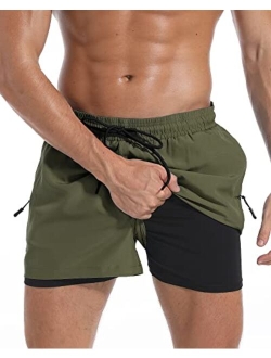 difficort Men's Swim Trunks with Compression Liner Quick Dry Bathing Suit Board Shorts with Zipper Pockets