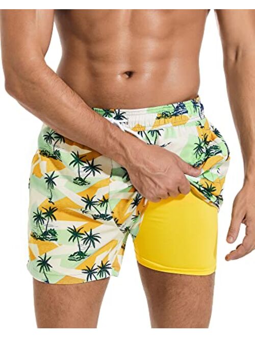 difficort Men's Swim Trunks with Compression Liner Quick Dry Bathing Suit Board Shorts with Zipper Pockets