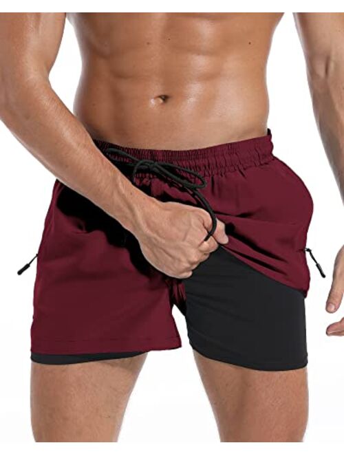 difficort Men's Swim Trunks with Compression Liner Quick Dry Bathing Suit Board Shorts with Zipper Pockets