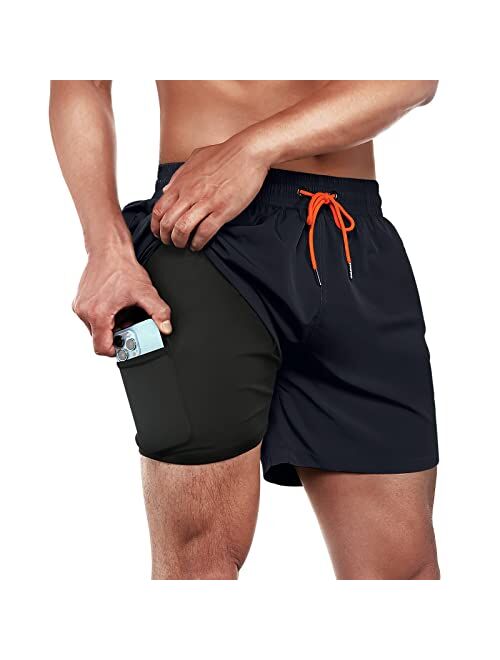 BRISIRA Swim Trunks Men Swim Shorts Quick Dry 5 inch Inseam Beach Shorts with Compression Liner and Zipper Pocket