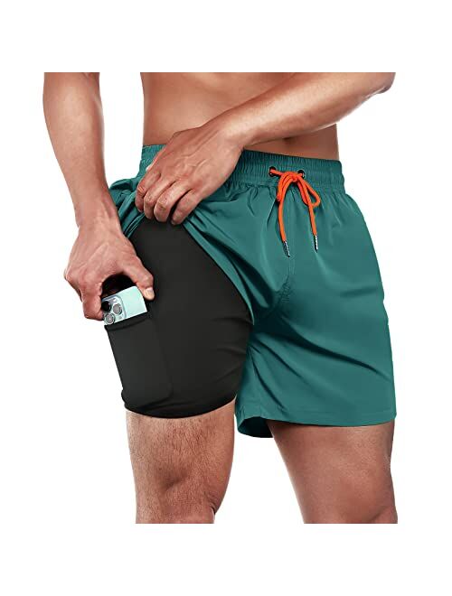 BRISIRA Swim Trunks Men Swim Shorts Quick Dry 5 inch Inseam Beach Shorts with Compression Liner and Zipper Pocket