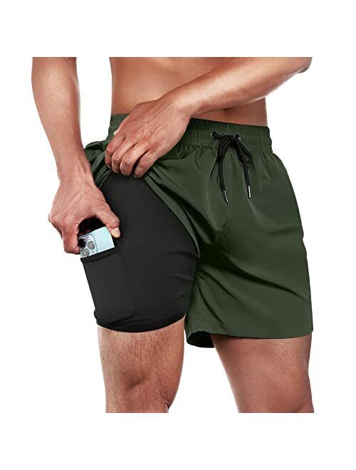 BRISIRA Swim Trunks Men Swim Shorts Quick Dry 5 inch Inseam Beach Shorts with Compression Liner and Zipper Pocket