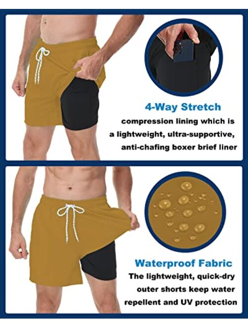 Seisocho Mens Swim Trunks with Compression Liner Swim Shorts Bathing Suits Swimwear Zipper Pockets