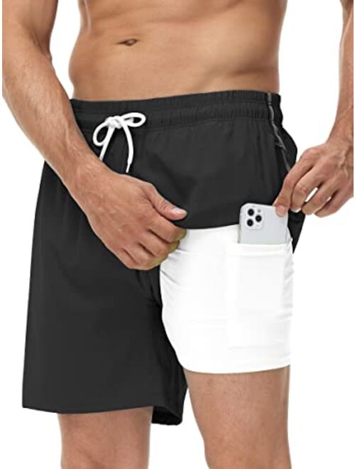 Seisocho Mens Swim Trunks with Compression Liner Swim Shorts Bathing Suits Swimwear Zipper Pockets