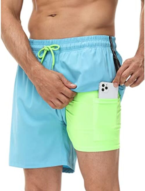 Seisocho Mens Swim Trunks with Compression Liner Swim Shorts Bathing Suits Swimwear Zipper Pockets