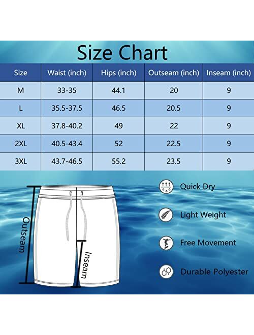 feelacle Mens Swim Trunks 9 Inch Inseam Board Shorts Beach Swimwear Bathing Suit with Compression Liner and Pockets