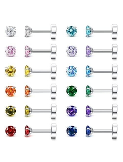 Fansilver 7-12Pairs 20G Hypoallergenic Brithstone Stud Earrings for Women Men Flatback Earrings Stainless Steel Cubic Zirconia Earrings Piercing Ear Cartilage