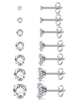 Fansilver 7-12Pairs 20G Hypoallergenic Brithstone Stud Earrings for Women Men Flatback Earrings Stainless Steel Cubic Zirconia Earrings Piercing Ear Cartilage