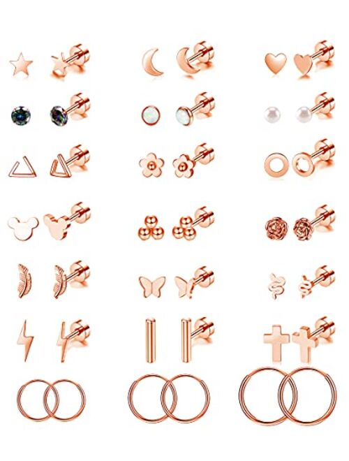 Staligue 21 Pairs Stainless Steel Earrings Set for Women Men Star Moon flower Snake Leaf 20G Cartilage Earrings Set Hypoallergenic Flatback Earrings Piercing Jewelry