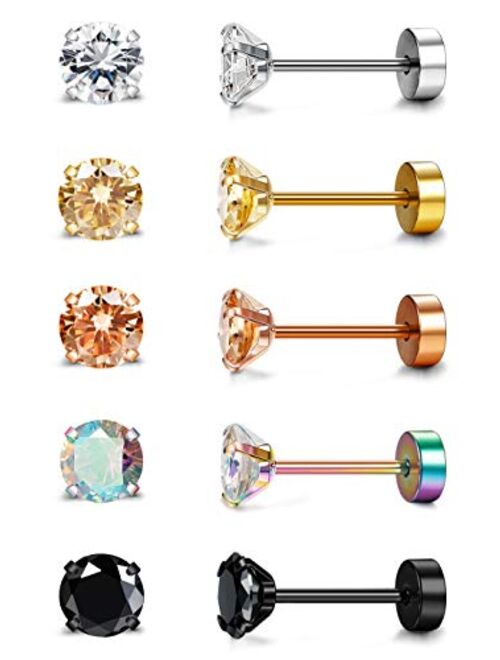 Besteel 5 Pairs 20G Cartilage Earring Stud for Women Men Surgical Steel Flat Back Earrings Set, Round Cubic Zirconia Tragus Stud Earrings Screw Back Ear Piercing Set 2MM-